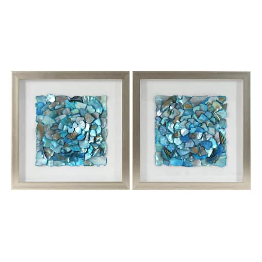 American Art Decor 12" x 12" Coastal Aqua & Teal Shadowbox Sea Glass Shell Wall Art Décor Set